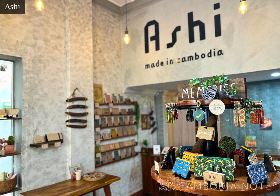 シェムリアップの「Ashi」の店舗。バナナペーパーを用いた魅力的なアイテムが揃う
