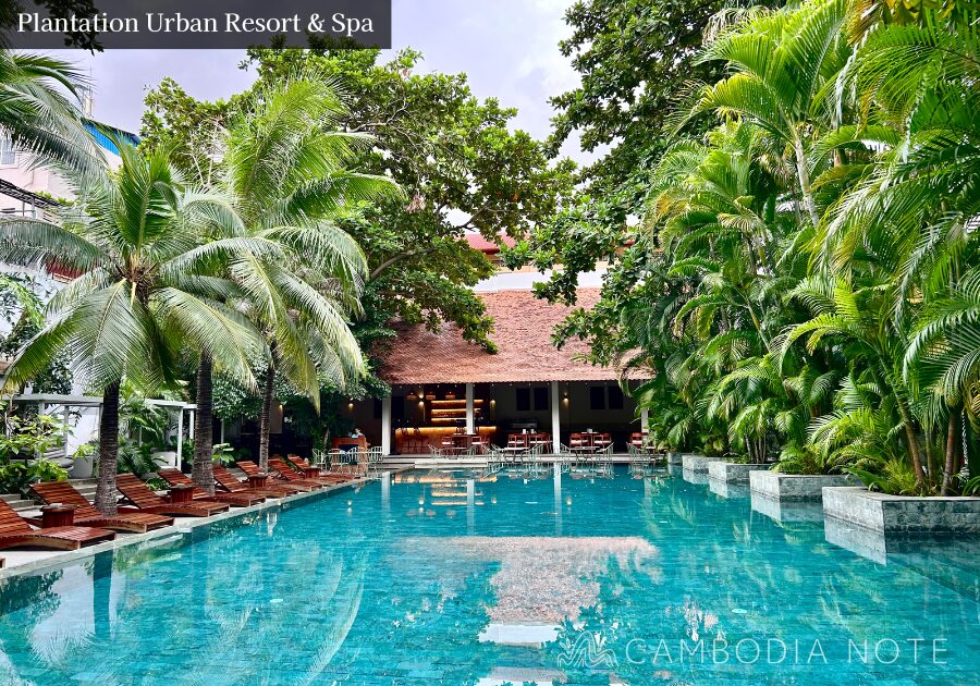 南国の植物に囲まれたPlantation Urban Resort & Spaの屋外プール。プールサイドのデッキチェアでリゾート気分を満喫できる