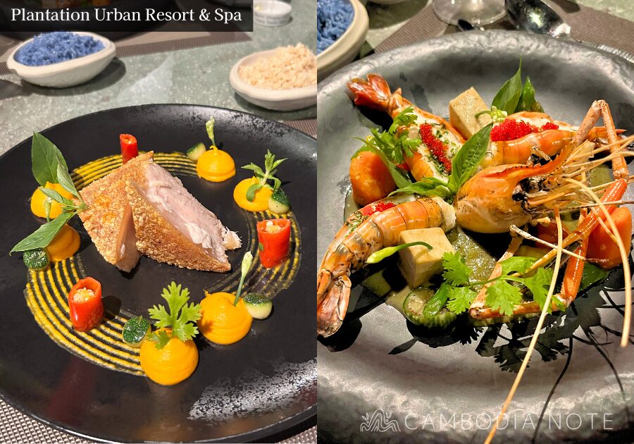 Plantation Urban Resort & Spaの併設レストラン。美しい盛り付けの料理と落ち着いた雰囲気で贅沢なディナーを楽しめる