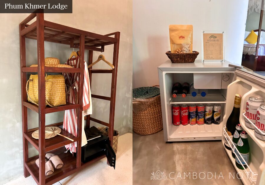 シェムリアップのPhum Khmer Lodge客室。木造建築の温もりが感じられる広々とした部屋とバルコニー