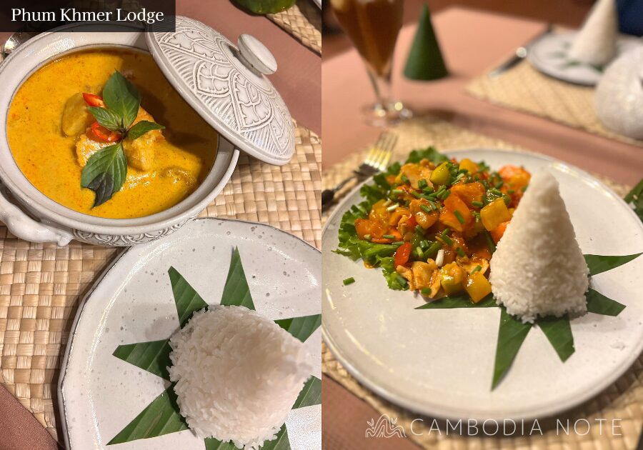 Phum Khmer Lodgeのレストランでのディナー。美しい盛り付けのカンボジア料理