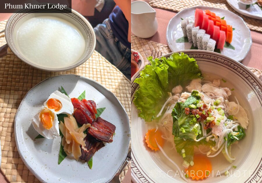 Phum Khmer Lodgeの朝食。クイティウやボーボーなどカンボジア料理と洋食が楽しめるホテルレストラン