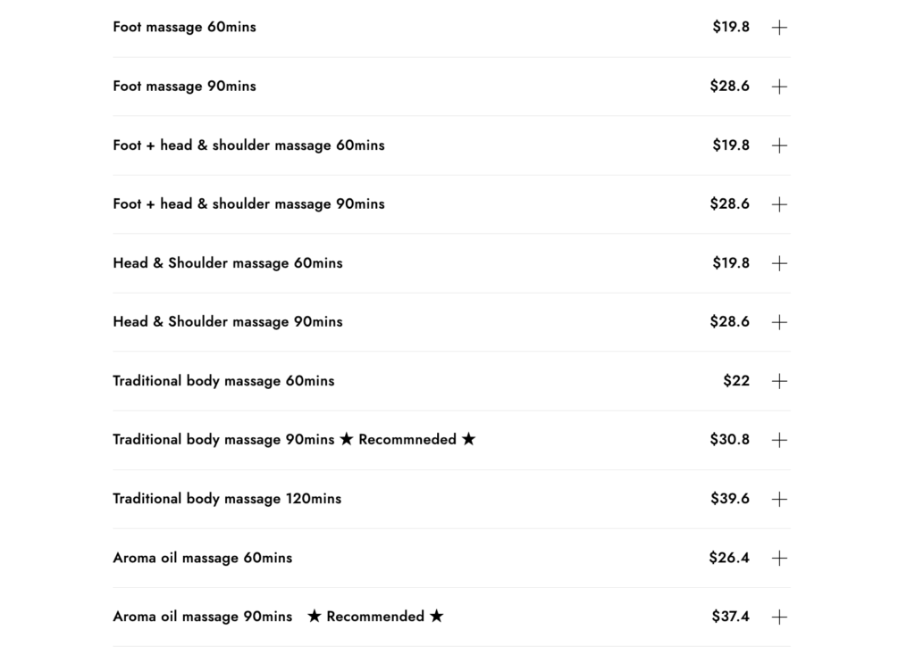 カンボジア・シェムリアップにある実力派マッサージ店「the senses - blind massage -」の価格メニュー
