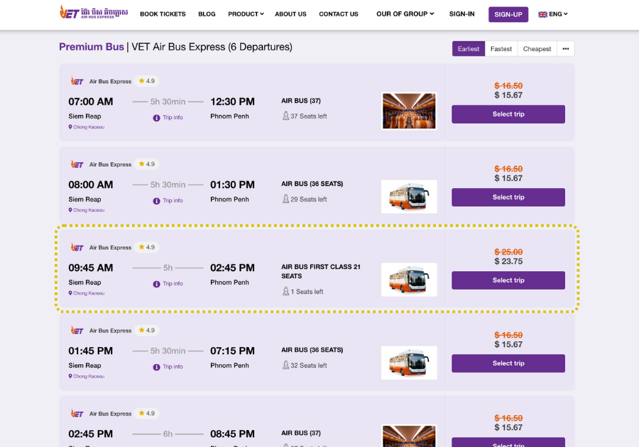VET Air Bus Express公式サイトのWeb予約画面。出発地・到着地・日付を選択して予約できる操作画面