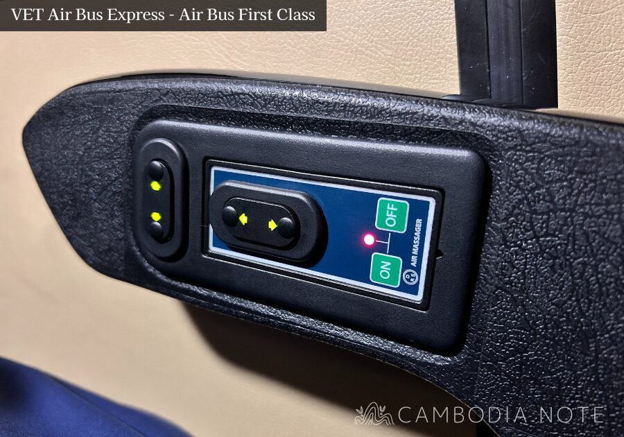 VET Air Bus Express「Air Bus First Class」の車内。広々とした3列シートとレッグレスト付き座席が並ぶ快適な空間