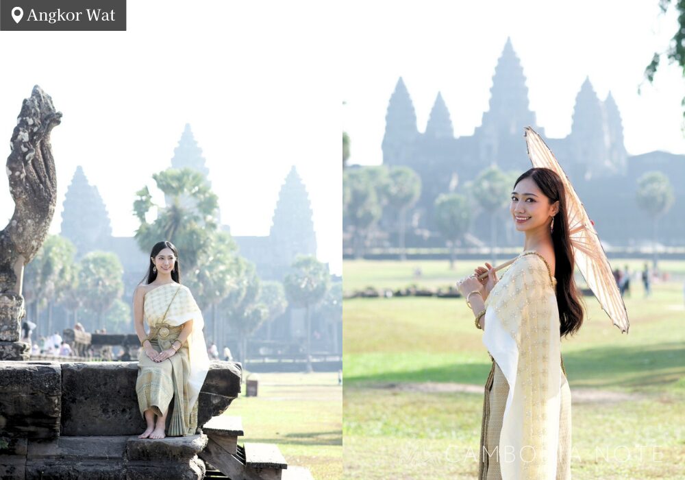 カンボジアの伝統衣装を着てアンコールワット観光
