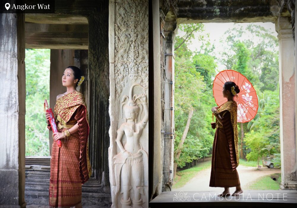 カンボジアの伝統衣装を着てアンコールワット観光
