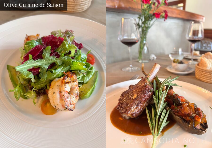 シェムリアップのフレンチレストラン Olive Cuisine de Saisonの店内と料理の様子