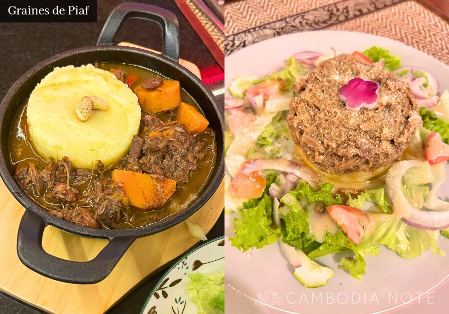 シェムリアップのカジュアルフレンチ Graines de Piafの店内と料理の様子