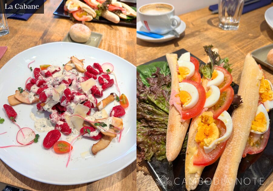 シェムリアップのフレンチカフェ La Cabaneの店内とケーキの写真