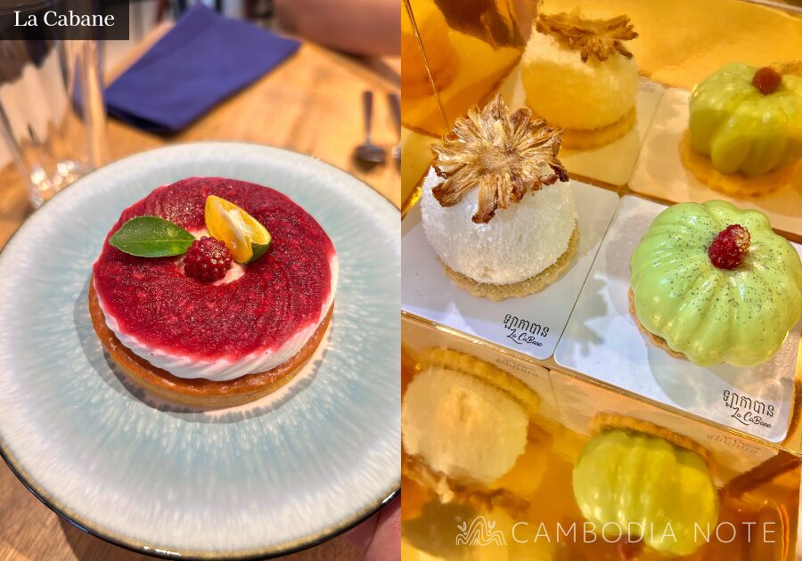 シェムリアップのフレンチカフェ La Cabaneの店内とケーキの写真