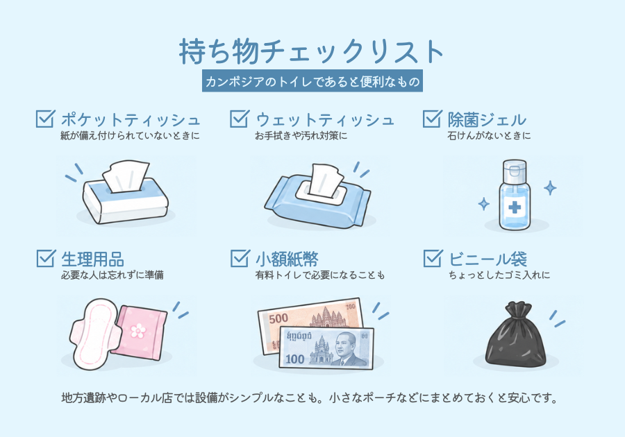 カンボジア旅行のトイレ対策に便利な持ち物を紹介するチェックリスト